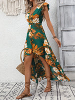 High-Low Printed Cap Sleeve Maxi Dress