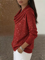 Full Size Glitter Cowl Neck Long Sleeve Sweater Plus Size