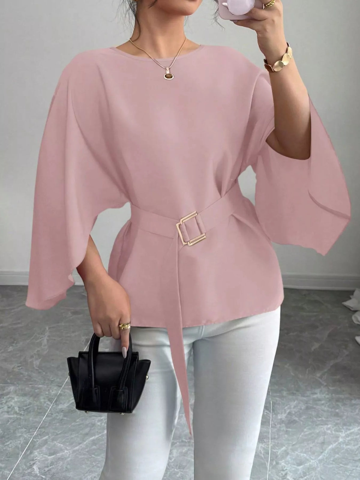 Batwing Sleeve Belted Blouse