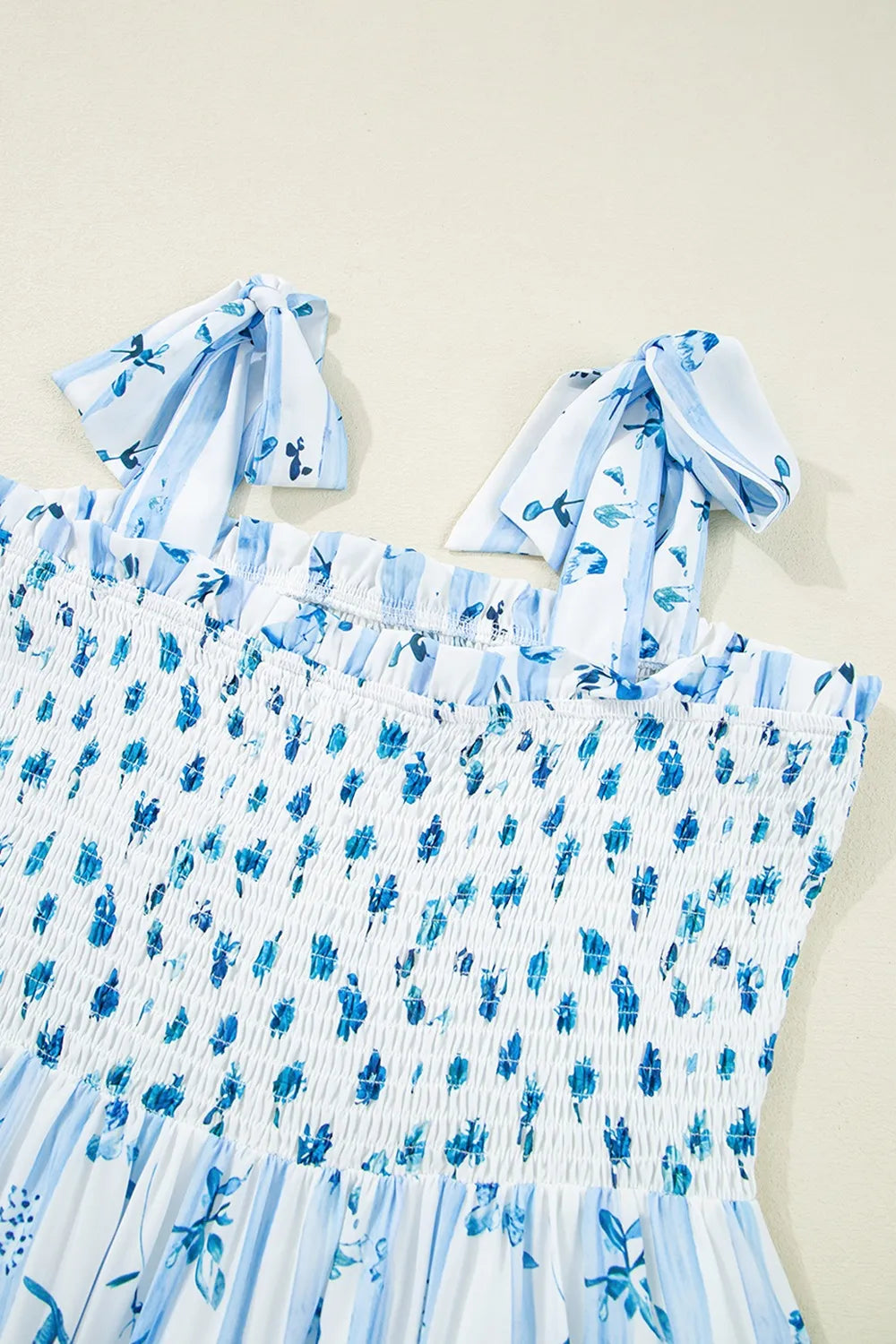 Floral Smocked Tied Straps A-Lined Tiered Dress