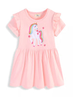 Children's Cute Unicorn Applique Ruffle Sleeve Dress