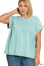 Zenana Full Size Crinkle Washed Round Neck Folded Short Sleeve Tee Plus Size