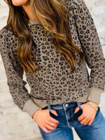 Ribbed Trim Leopard Print Long Sleeve Top