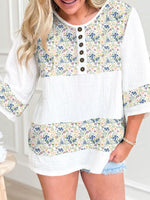 Floral Print Henley Button 3/4 Sleeve Blouse