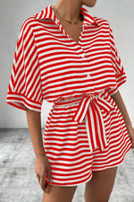 Striped Collared Neck Tie Waist Romper
