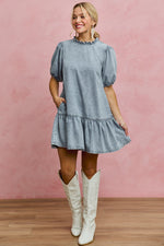 SO ME Denim Short Sleeves Mini Tiered Dress