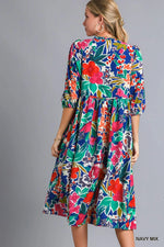 Umgee Floral Print Tie Neck Midi Dress with Pockets