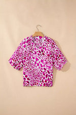 Leopard Print V Neck Puffy Half Sleeve Blouse