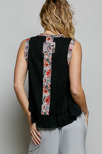 POL Floral Print Patche Round Neck Ribbed Tank with Double Gauze Ruffle Accents