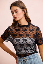 BiBi High Neckline Short Sleeves Bow Pattern Mesh Top