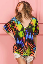 BiBi Tie Dye Print Jersey Stitched V Neck Top