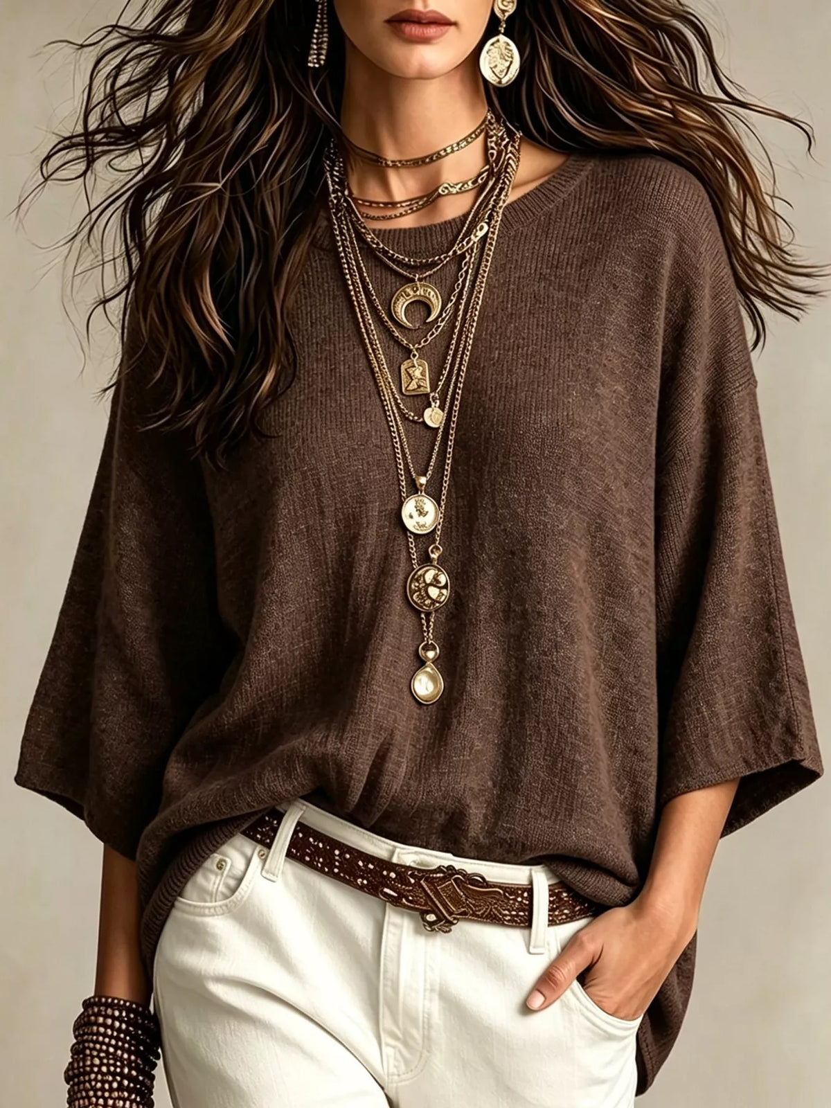 Round Neck 3/4 Sleeve Knit Top