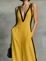 Deep V-Neck Wide-Leg Jumpsuit with Contrast Trim