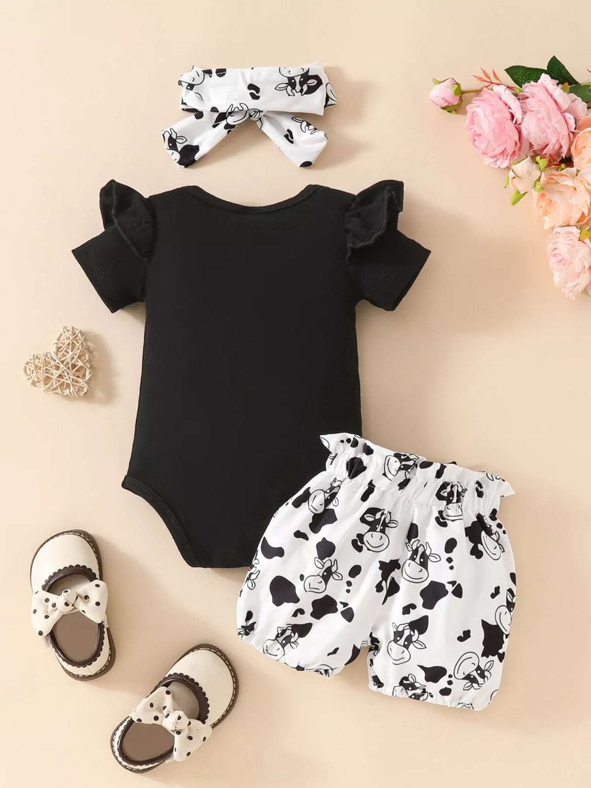 Children's Ruffled Cow Bodysuit and Shorts Set with Headband