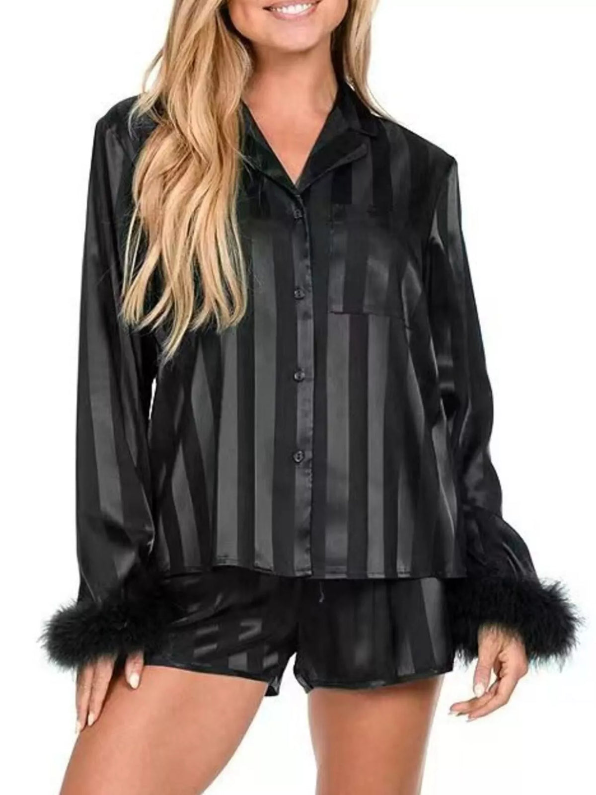 Striped Feather Trim Shirt and Shorts Lounge Set