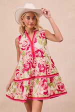 BiBi Floral Woven Contrast Edge Tiered Ruffle Mini Dress