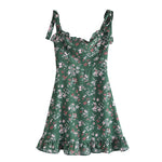 Sweet Sexy French Vintage Little Fresh Floral Printed Slim Fit Stringy Selvedge Lace up Dress