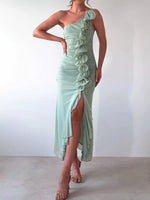 One-Shoulder Ruffle Slit Dress