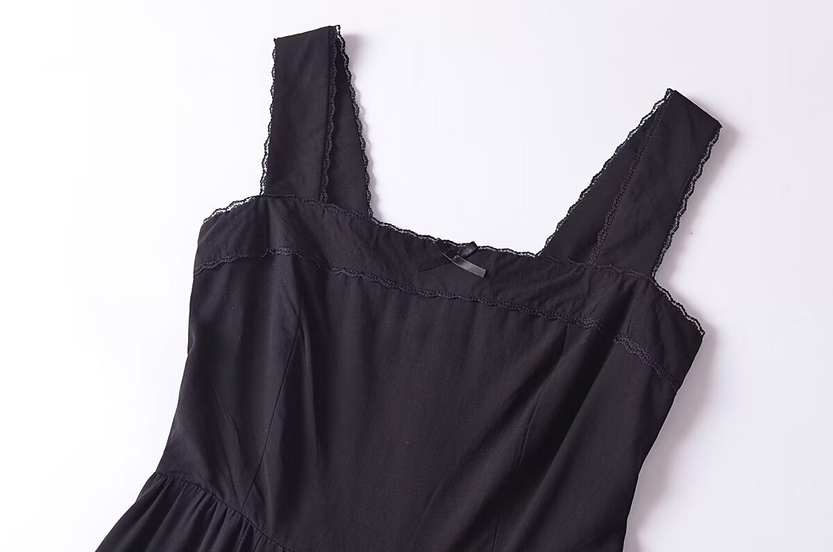 French Retro Lace Bowknot Decoration Square Collar Vest Dress Cami Dress Summer Slim Fit A Line Dress Women