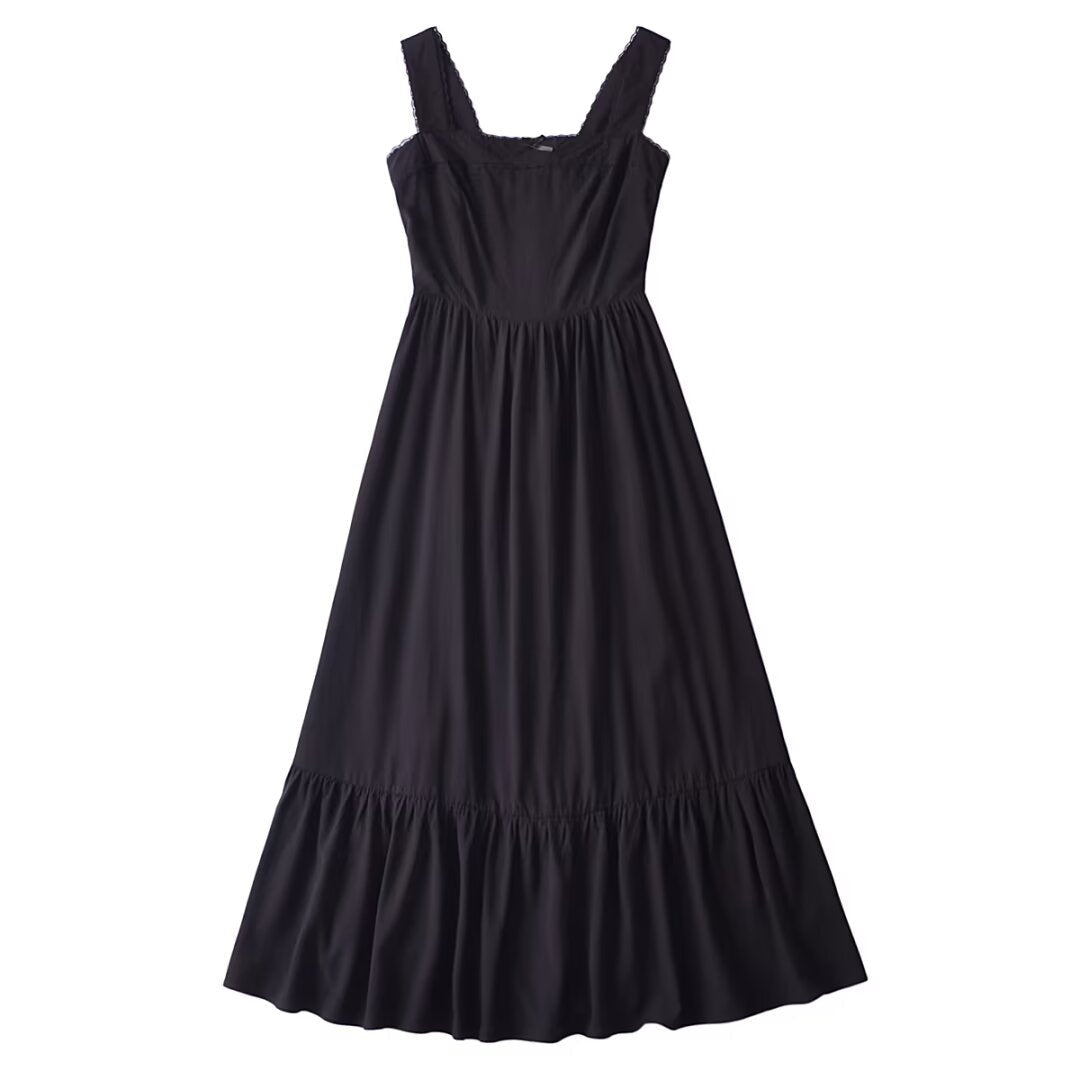 French Retro Lace Bowknot Decoration Square Collar Vest Dress Cami Dress Summer Slim Fit A Line Dress Women