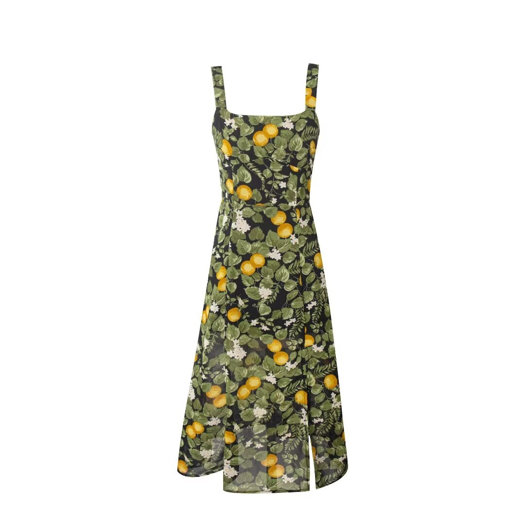 Summer Legal Women Clothing Sling Square Collar Fruit Printed Split Holiday Dress