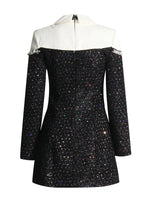 Autumn Private Clothing Socialite Chanel Collared Patchwork Beaded Sequ Woolen Slim A line Dress Women
