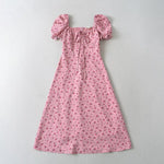 Summer Pink Roses Maxi Dress Puff Sleeve Self Tie Dress