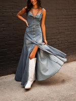Ladies Summer Vintage Cotton Denim Washed Distressed Strap Slim Fit Buckle Large Swing Dress