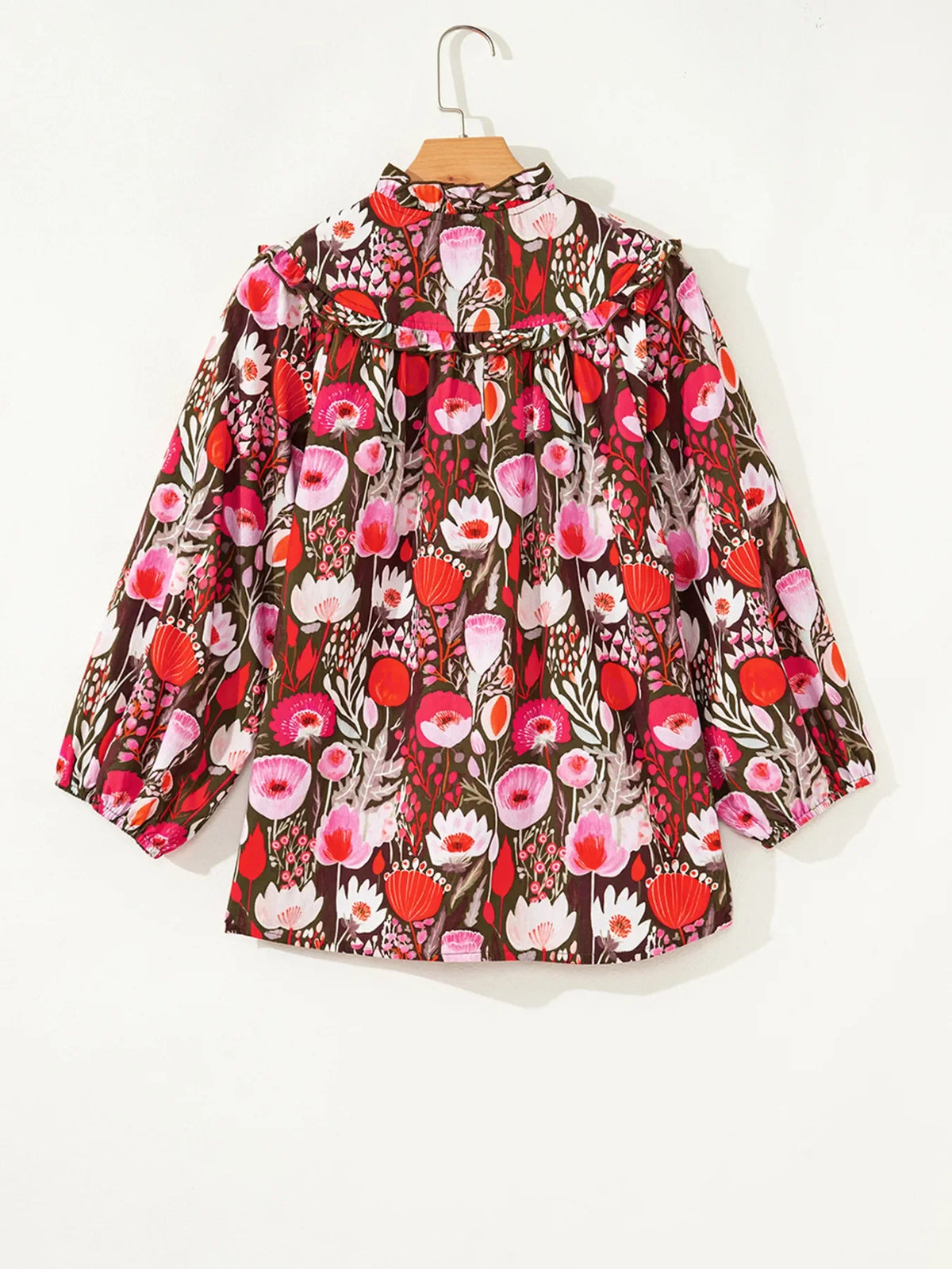 Floral Balloon Sleeve Tie Neck Blouse