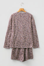 Leopard Ribbed Long Sleeve Top Drawstring Shorts 2pcs Outfit