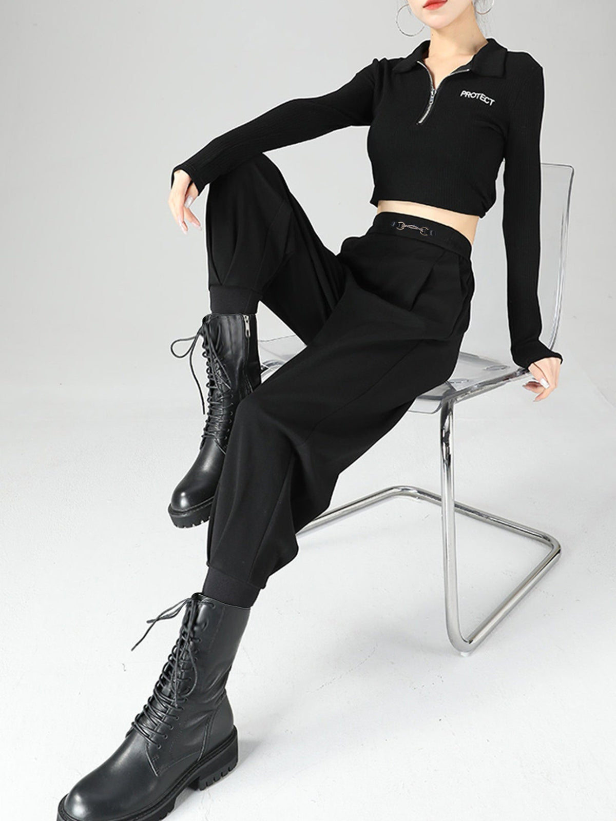 High-Waisted Buckle Detail Tapered Pants