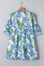 Palm Floral Print Contrast Ribbon Knot Ruffle Tiered Sleeve Mini Dress