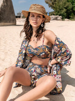 Printed Bra, Cover-Up and Shorts Set