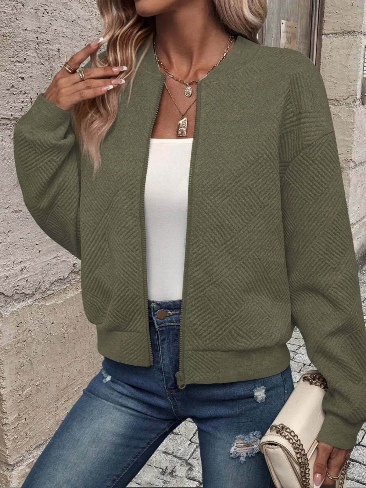 Zip-Up Textured Long Sleeve Jacket