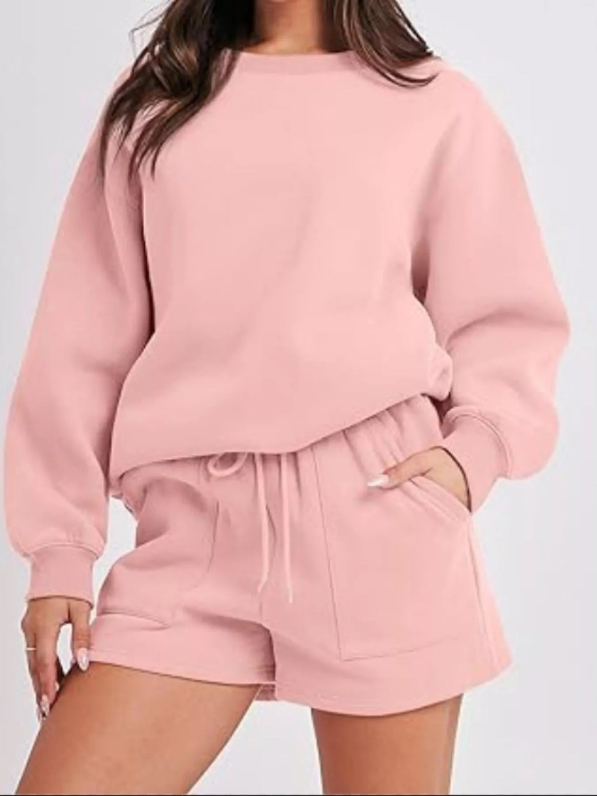 Round Neck Dropped Shoulder Top and Drawstring Shorts Set