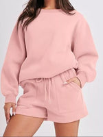 Round Neck Dropped Shoulder Top and Drawstring Shorts Set