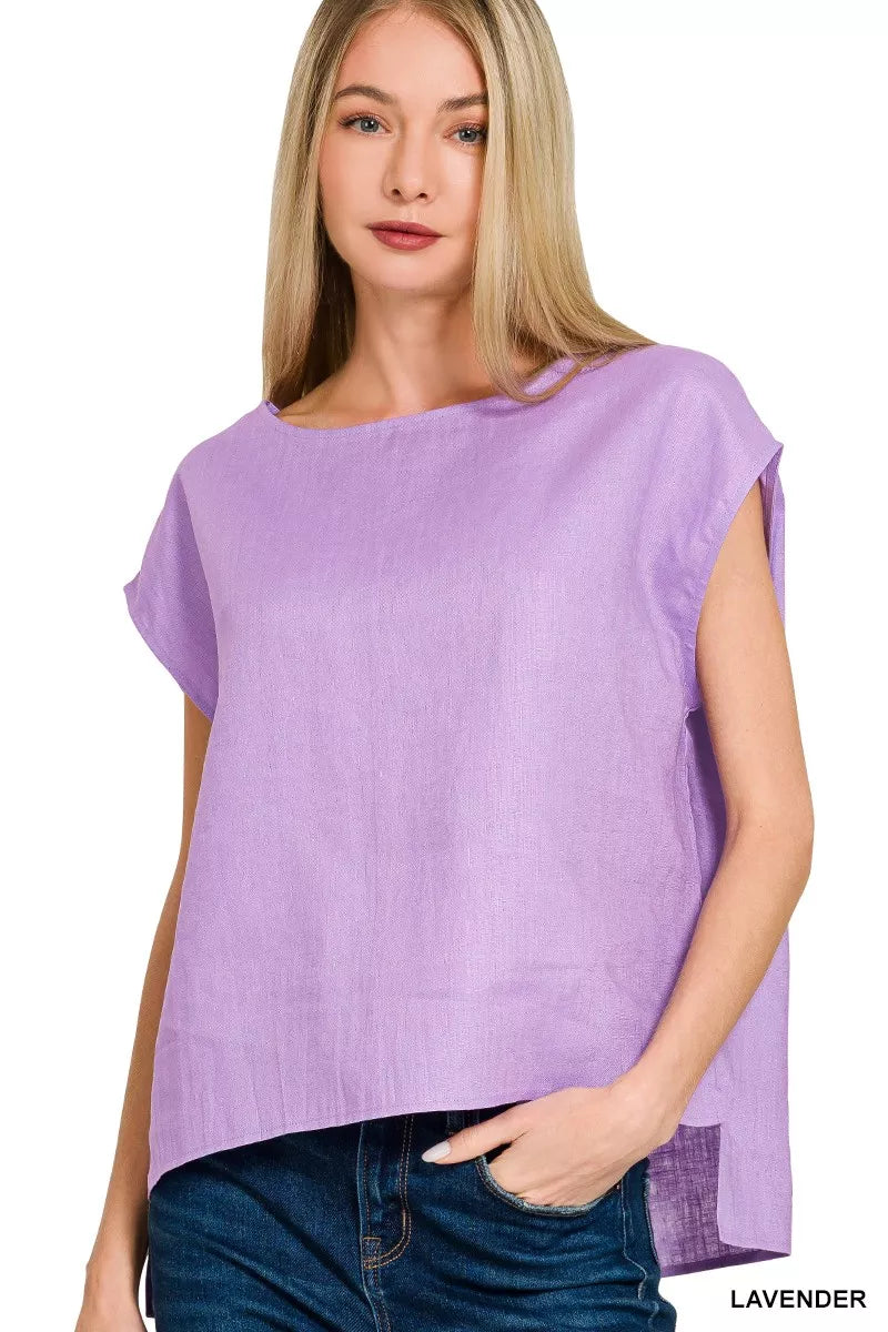 Zenana Linen Round Neck Cap Sleeve Top