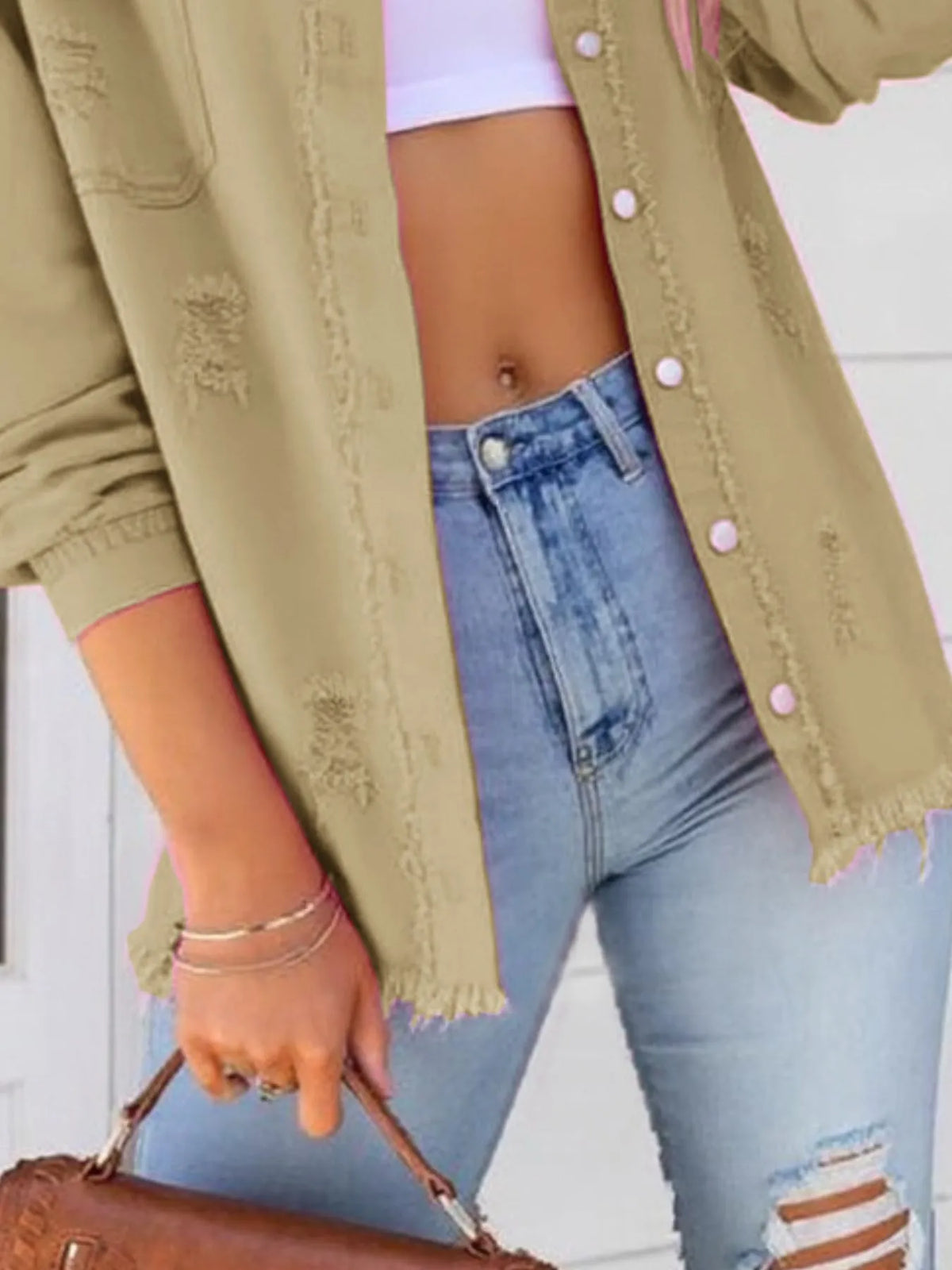 Distressed Denim Jacket with Frayed Edges