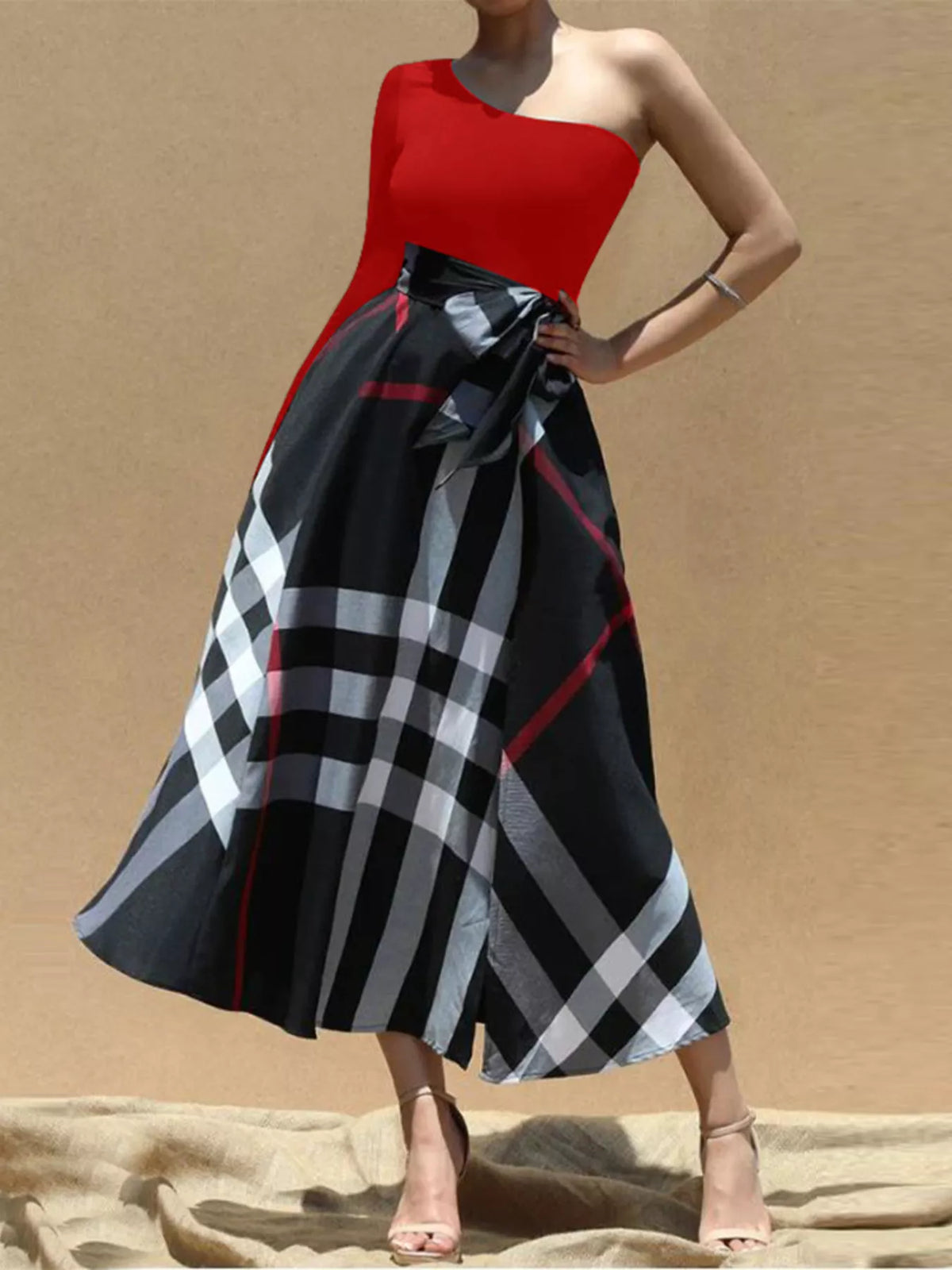 Asymmetrical One-Sleeve Plaid Midi Dress with Waist Tie