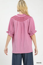 Umgee Textured Henley Blouse with Ruffle Cuffs