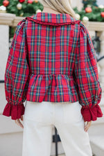 Plaid Tie Neck Ruffle Cuffs Long Sleeve Shift Blouse