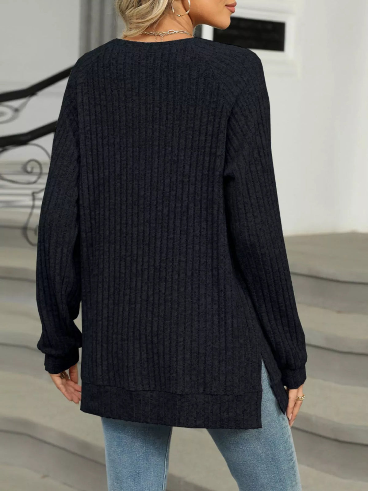 Round Neck Side Slit Ribbed Knit Top with Asymmetric Button Detail