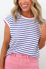 Stripe Contrast Trim Round Neck Cap Sleeve Tee