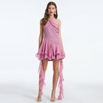 Women Summer Asymmetrical Design Patchwork Chiffon Slim Waist And Neck Dress