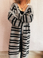 Striped Open Front Hooded Cardigan