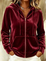 Full Size Velvet Zip-Up Outerwear with Drawstring Plus Size