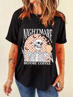 Halloween Skull Checkerboard Graphic Round Neck T-Shirt