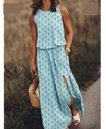 Spring Summer Women Clothing round Neck Sleeveless Dress Split Solid Color Casual Office Dress