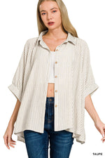 Zenana Full Size Woven Stripe Button Down Boxy Shirt Plus Size