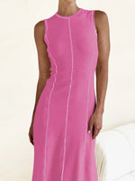 Contrast Stitching Round Neck Sleeveless Midi Dress